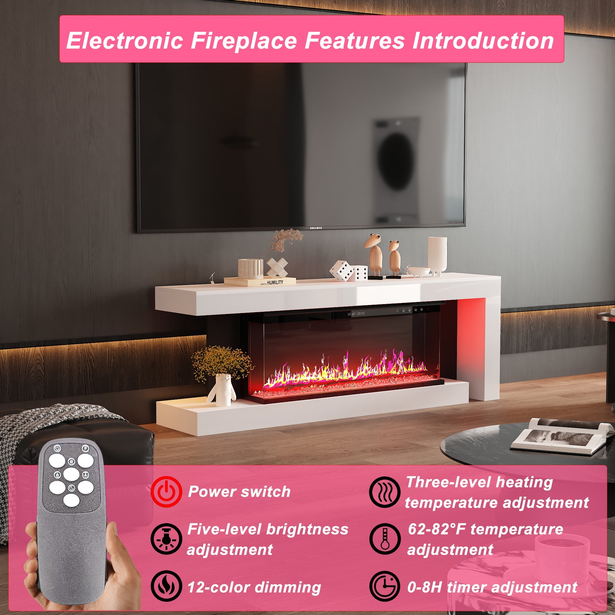 66.9 inches Modern White Electronic Fireplace with TV Stand