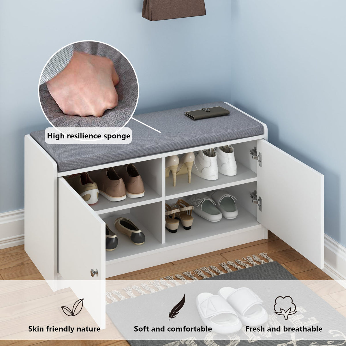 Shoe Storage Bench Shoe Rack Storage Shelf with Cushion 2-Door for Entryway