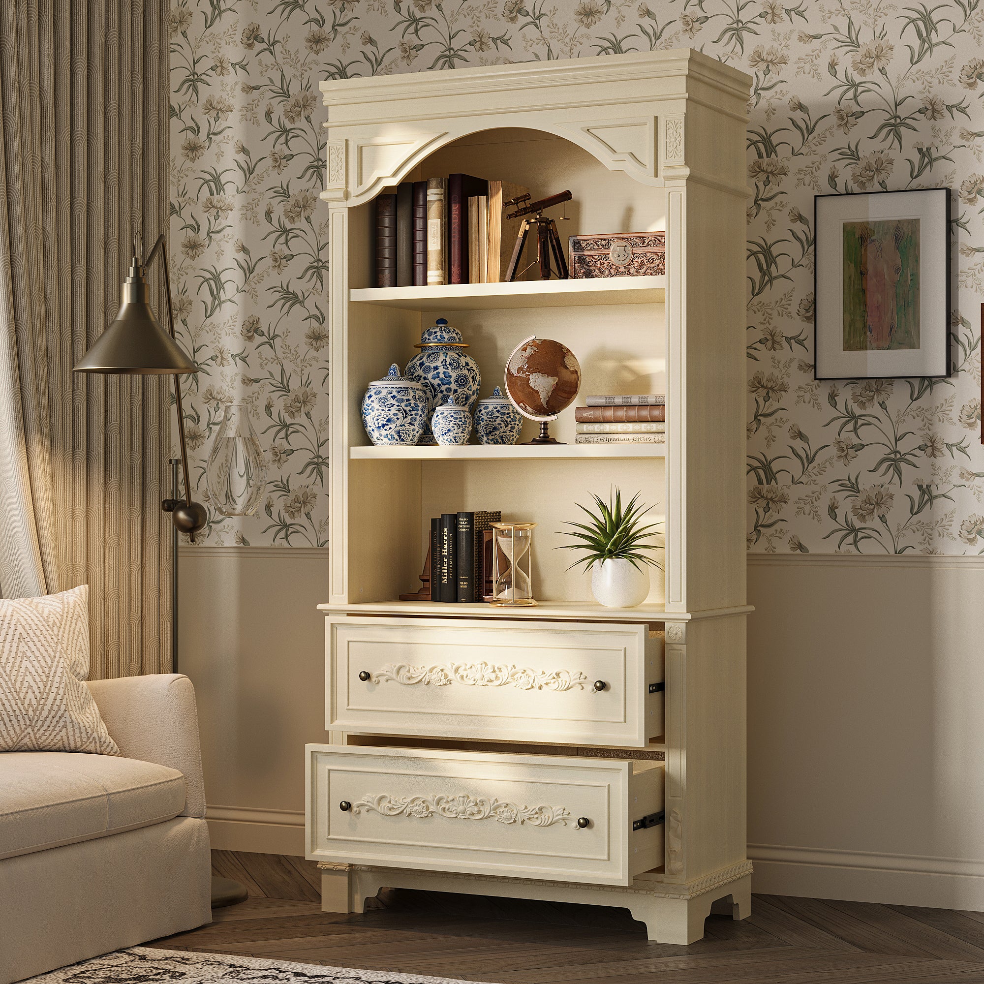 Elegant Display Cabinet With 3 Open Shelves & 2 Carved Drawers