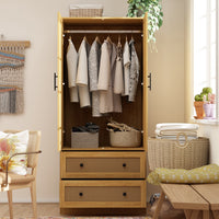 Wooden Wardrobe Armoire with 2 Doors 2 Drawers Bedroom Closet with Hanging Rod Storage Drawers