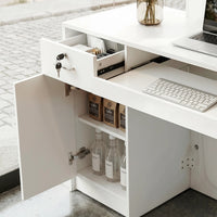 White reception desk with open display shelves and built-in LED lighting