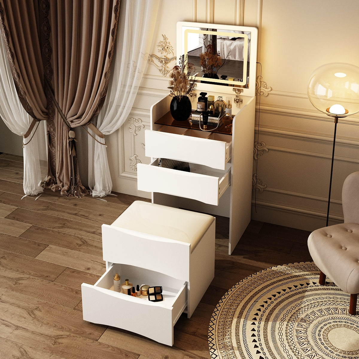 18.7" Modern White Makeup Vanity Desk with Lights and Flip Mirror