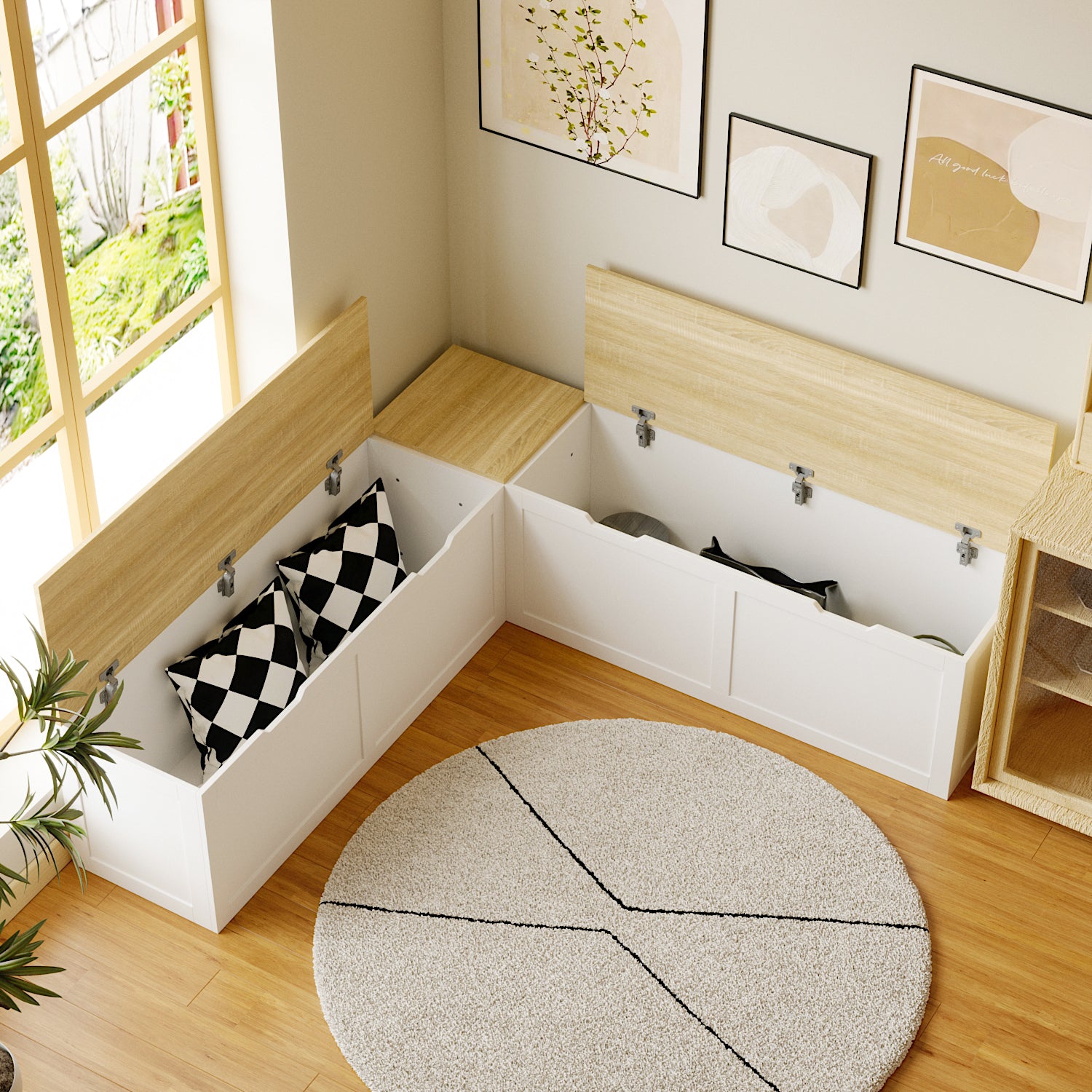 White corner shoe cabinet with bench seating and hidden storage