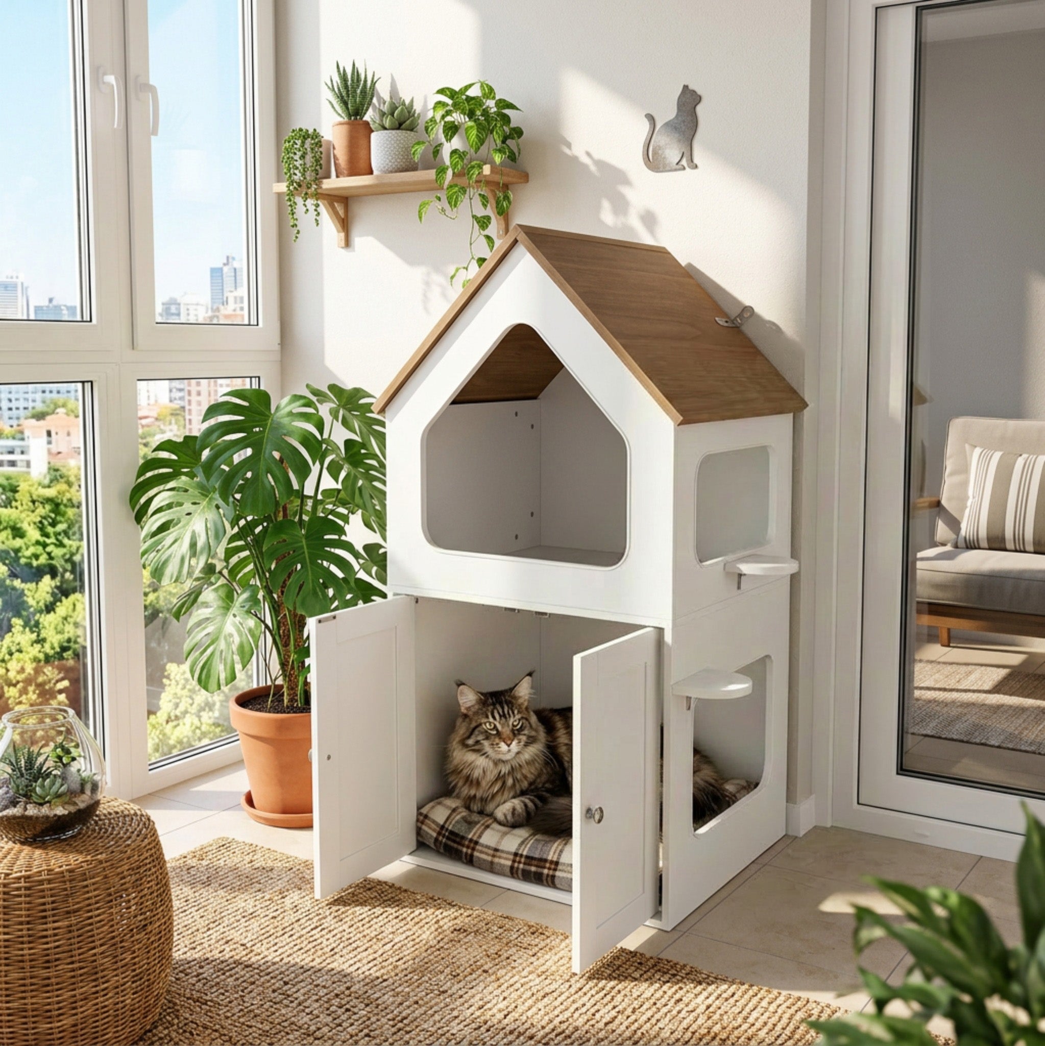 Rooftop Shaped Cat Condo with Litter Enclosure