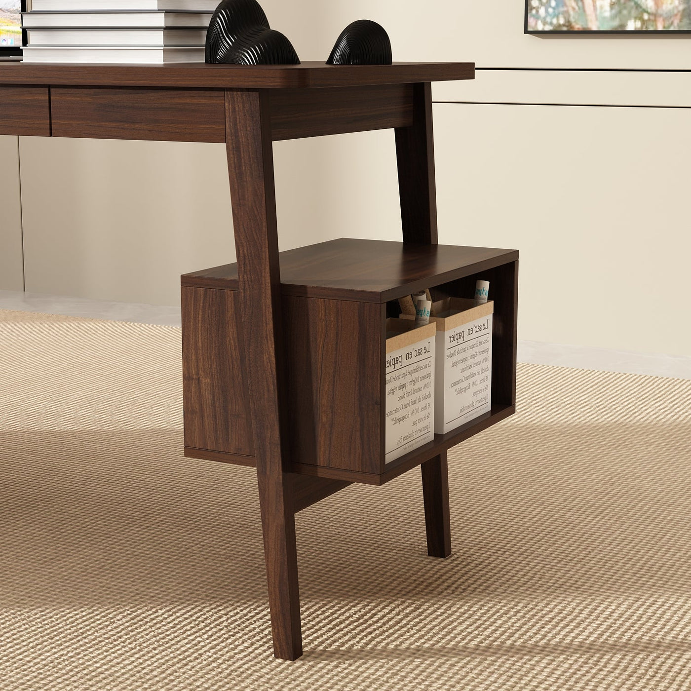 55.1" Mid-Century Modern Brown L-Shaped Home Office Computer Desk with 3 Drawers and Wood Legs