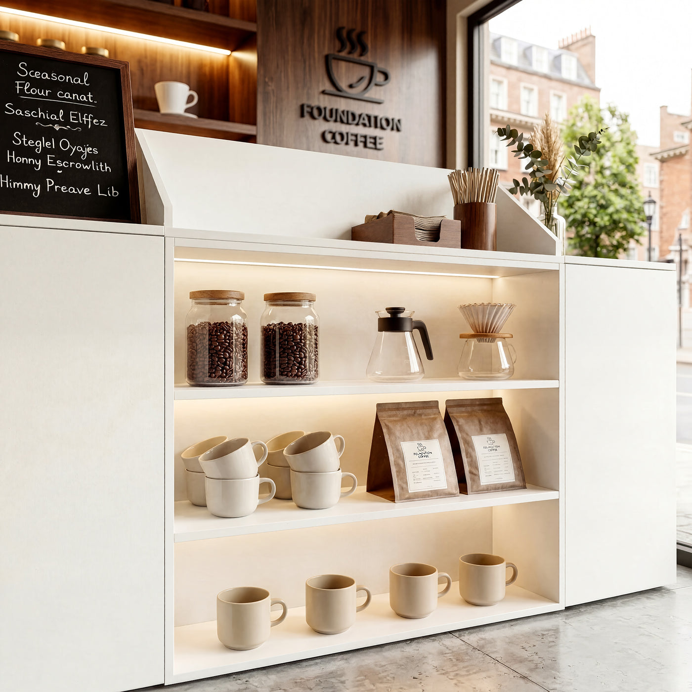 White reception desk with open display shelves and built-in LED lighting