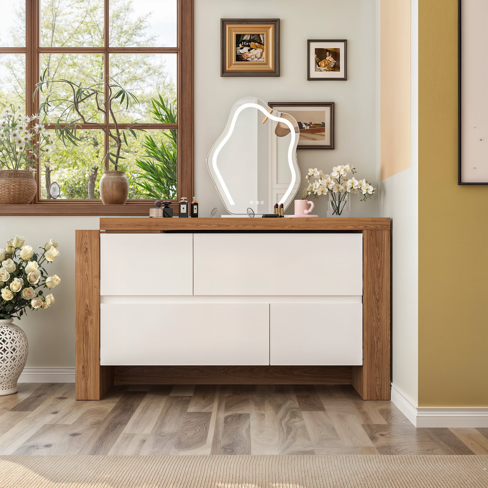 L-Shaped Modern Vanity Set with Adjustable Storage and 4 Drawer Chest