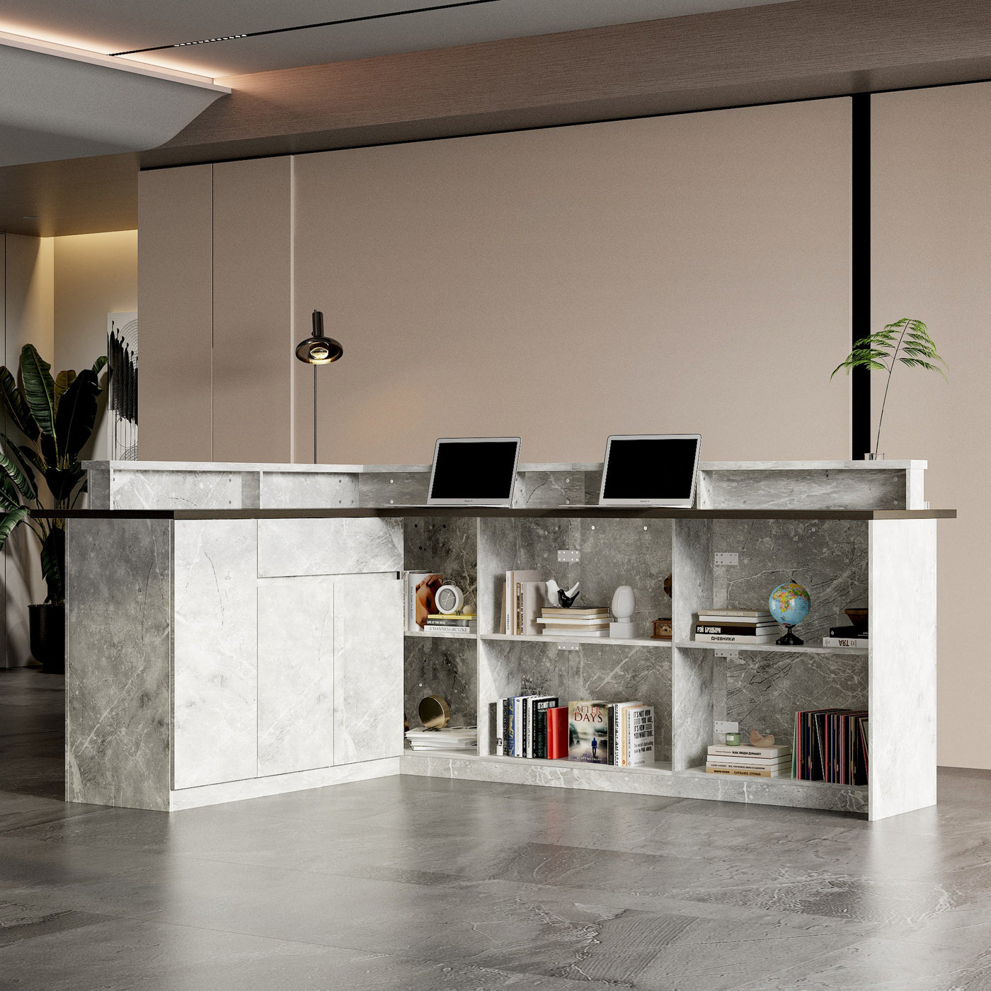 Modern reception desk with marble finish in an office setting