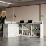 Modern reception desk with marble finish in an office setting
