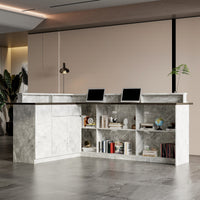 Modern reception desk with marble finish in an office setting