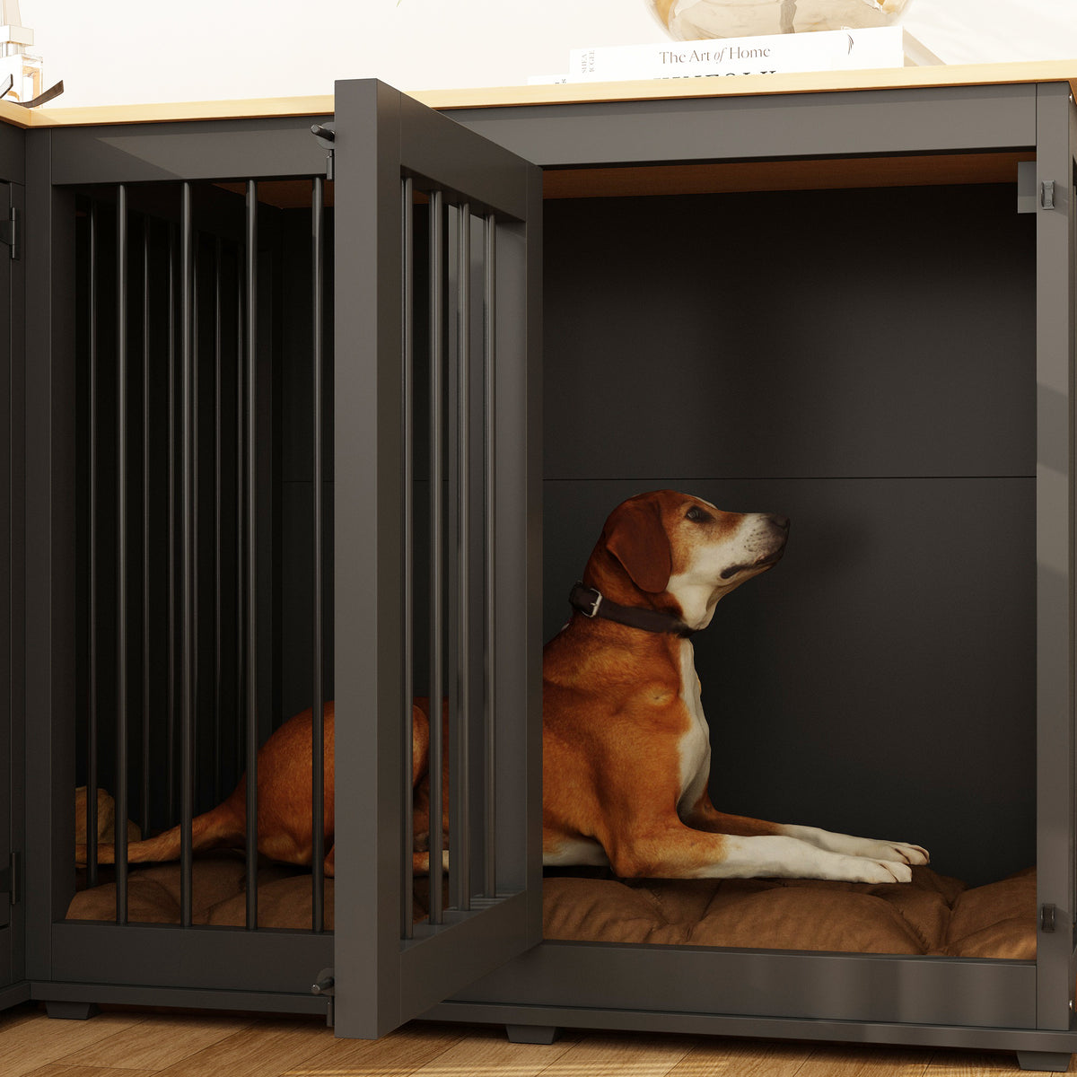 58.7 inch Rustic Black Corner Dog Crate with Steel Divider