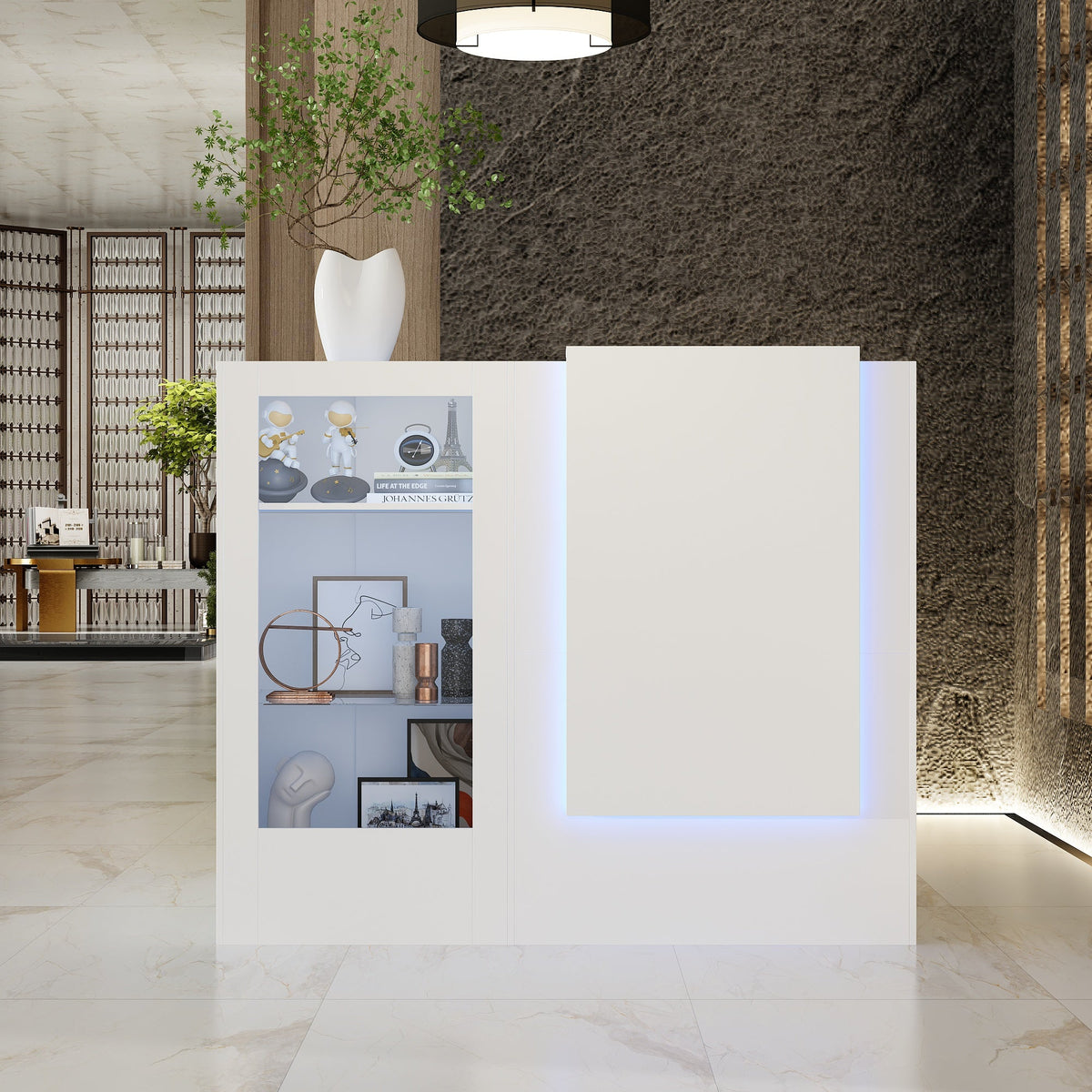 47" Modern Minimalist White LED Reception Desk With Open Shelving And Storage Compartments