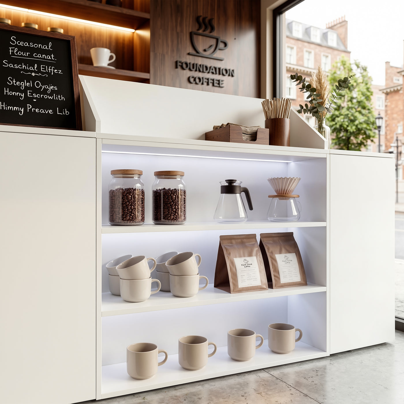White reception desk with open display shelves and built-in LED lighting
