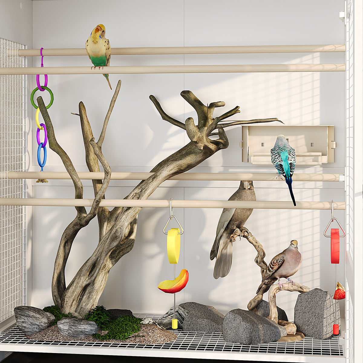 Birdcage with wooden branches, rocks, and colorful toys for birds