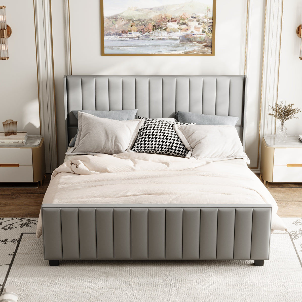 King Size Modern Gray Bed with Padded Headboard