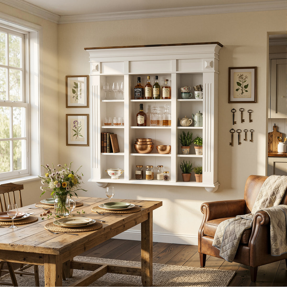 47.2" White Wall Mount Display Cabinet with Rustic Wood Top and 12 Open Compartments