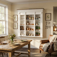 47.2" White Wall Mount Display Cabinet with Rustic Wood Top and 12 Open Compartments