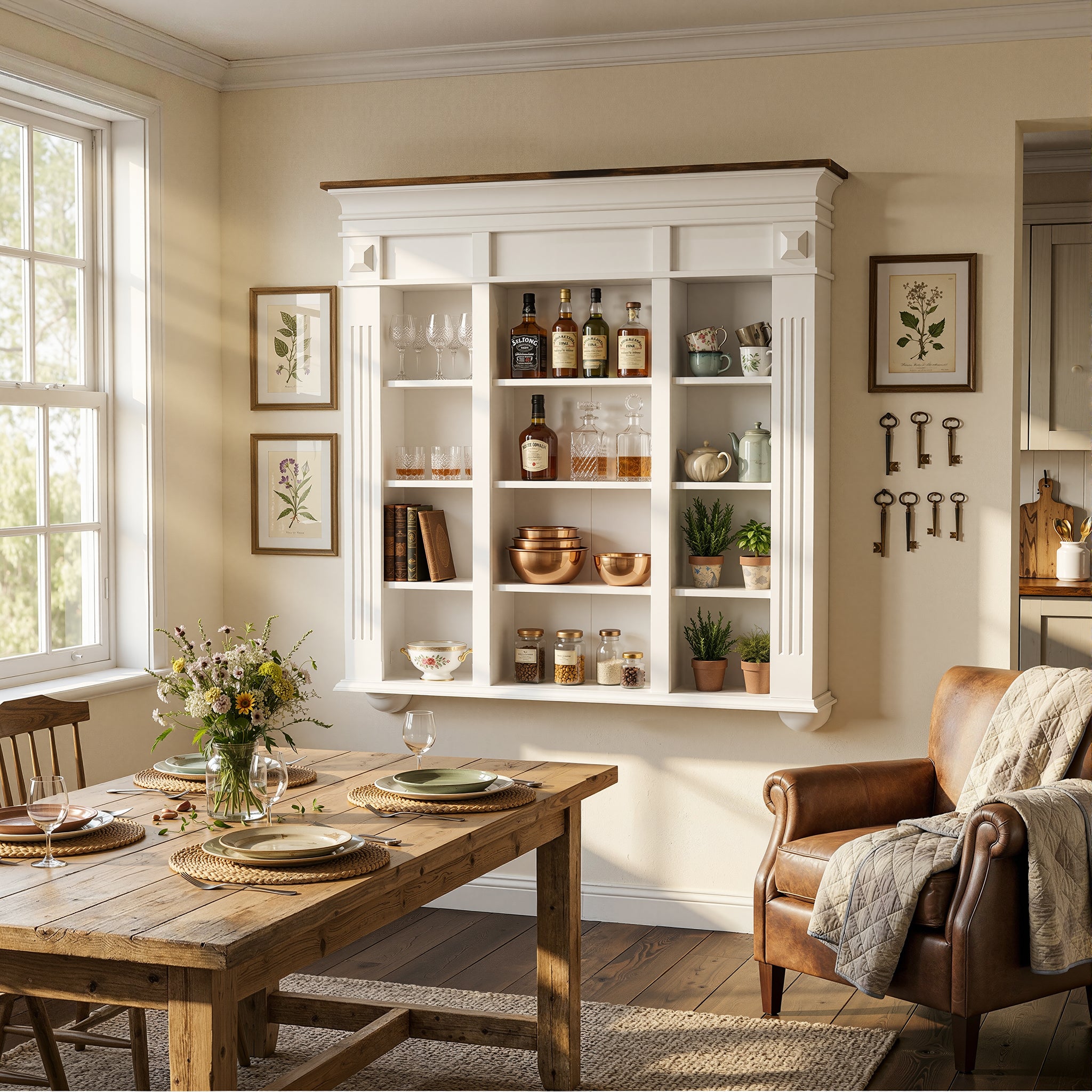 47.2 inches White Wall Mount Display Cabinet with Rustic Wood Top & 12 Open Compartments for Glassware Collectibles