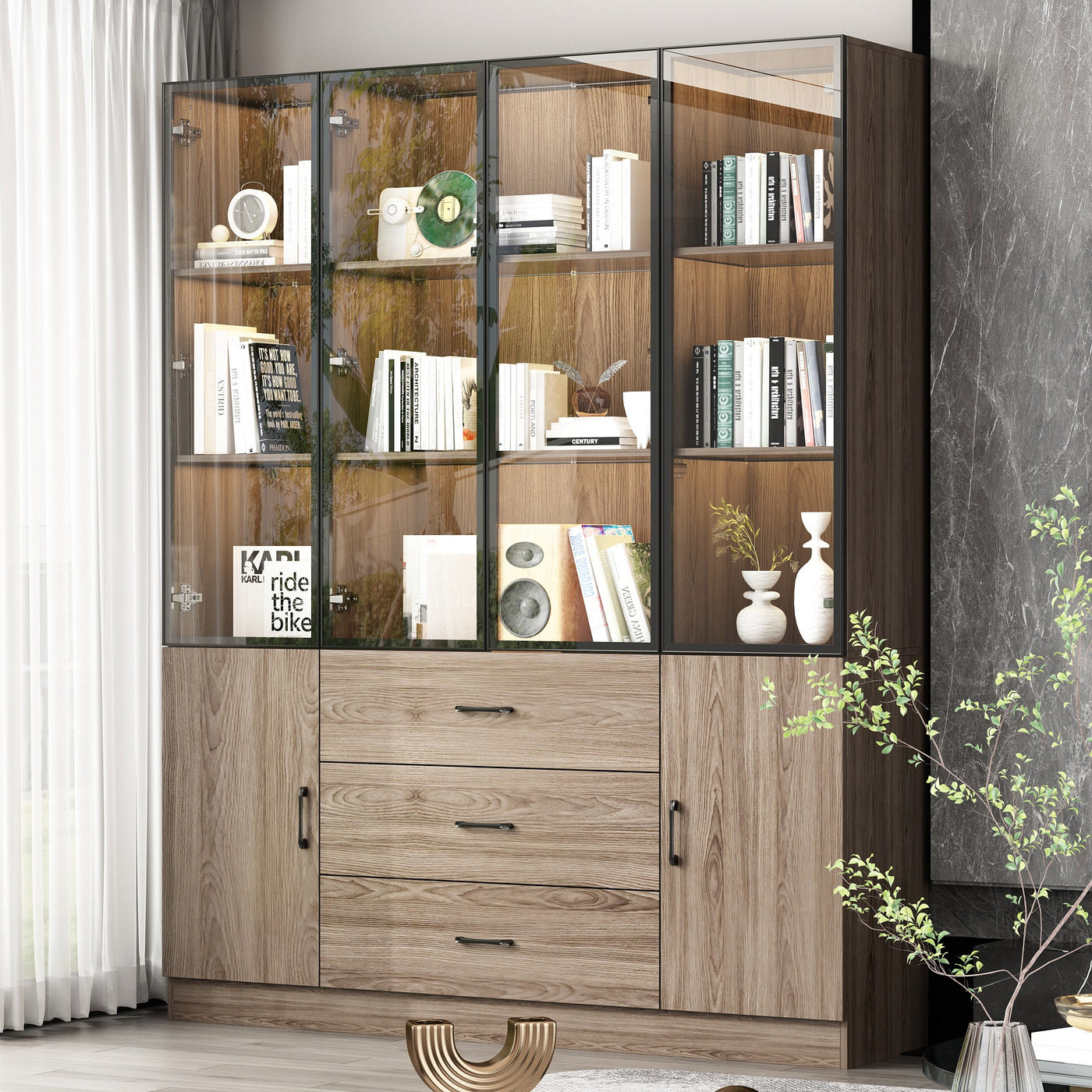 Geyma 63" Modern Brown Display Cabinet with Tempered Glass Doors and Adjustable Lighting