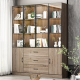 63" Modern Brown Display Cabinet with Tempered Glass Doors and Adjustable Lighting