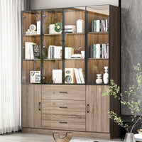 Geyma 63" Modern Brown Display Cabinet with Tempered Glass Doors and Adjustable Lighting