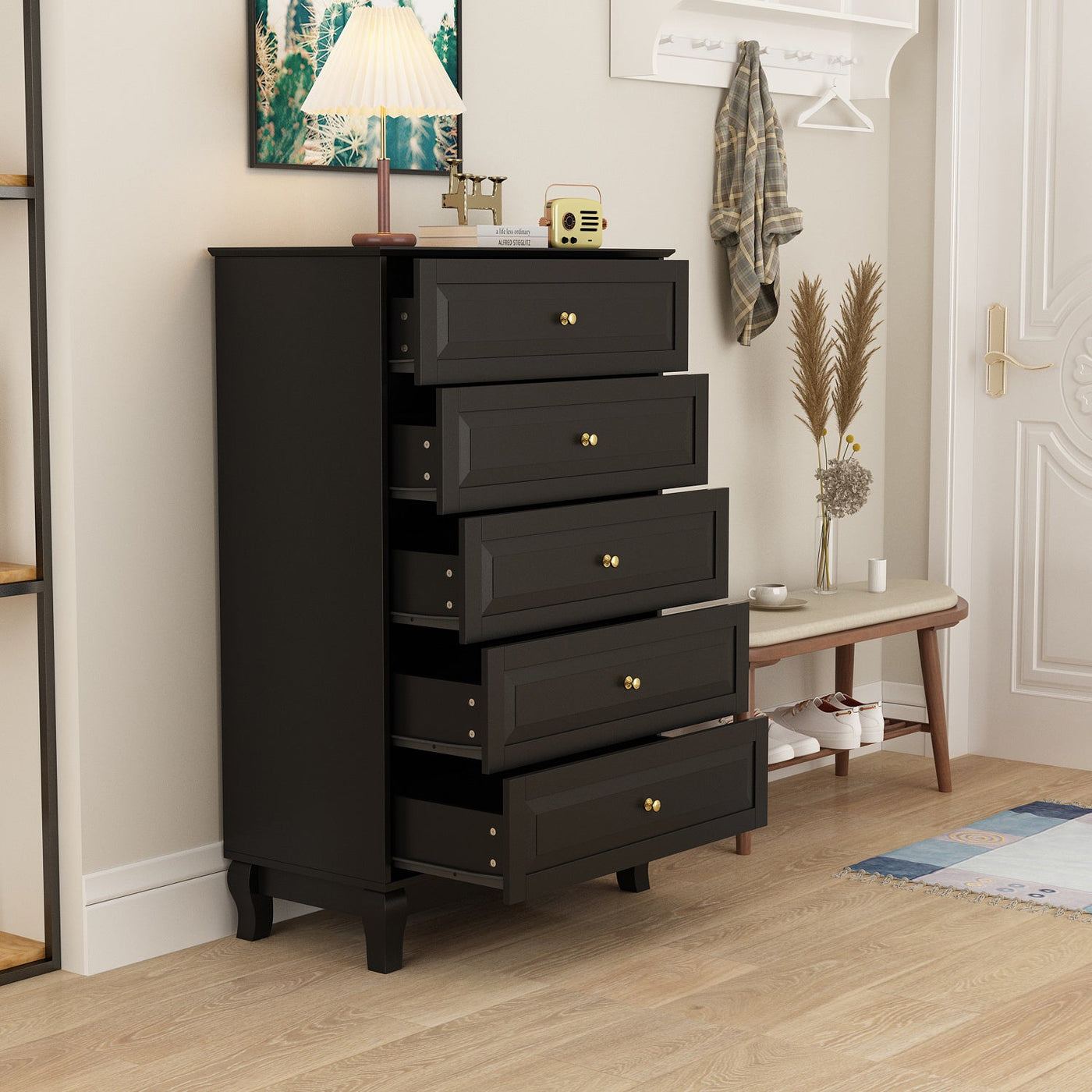31.5" Modern Minimalist Black Modern Wood Cabinet Display Table Vertical 5-Drawer Dresser