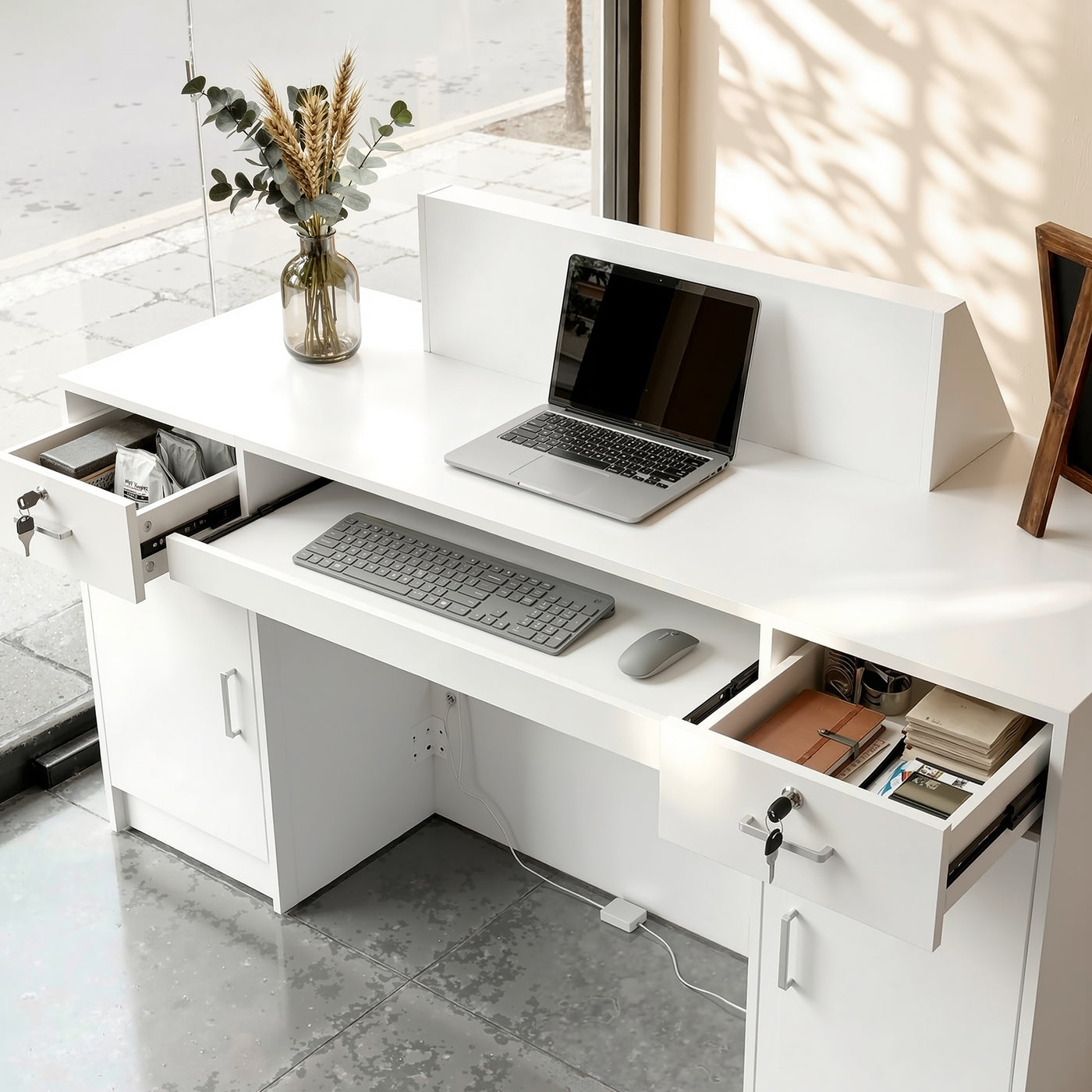 White reception desk with open display shelves and built-in LED lighting