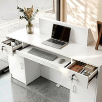 White reception desk with open display shelves and built-in LED lighting