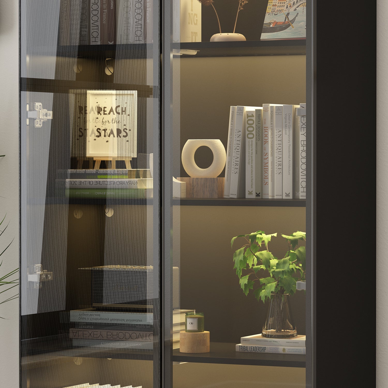 Display Cabinet Bookcase Stand Trophy Showcase with Lights and Glass Doors