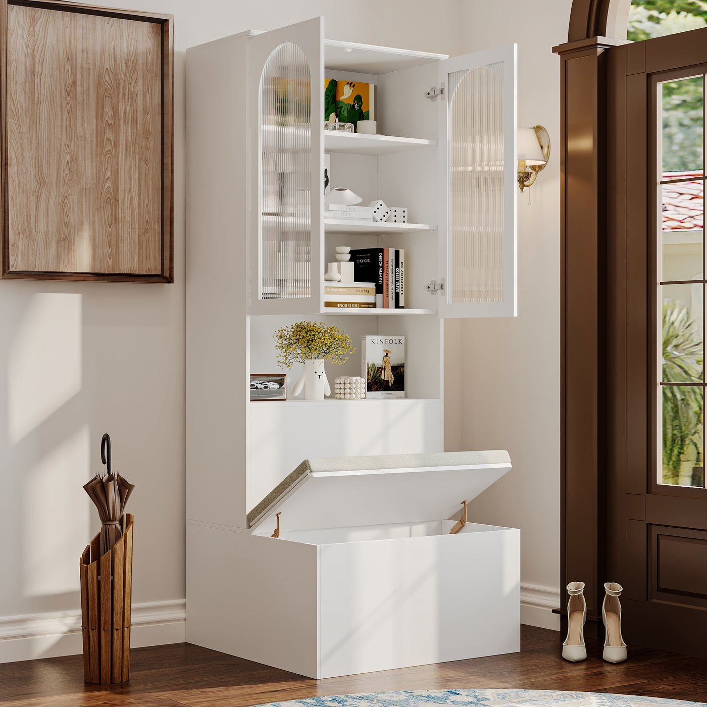 31.5" Modern White Entryway Storage Bench with Cabinet and Upholstered Seat