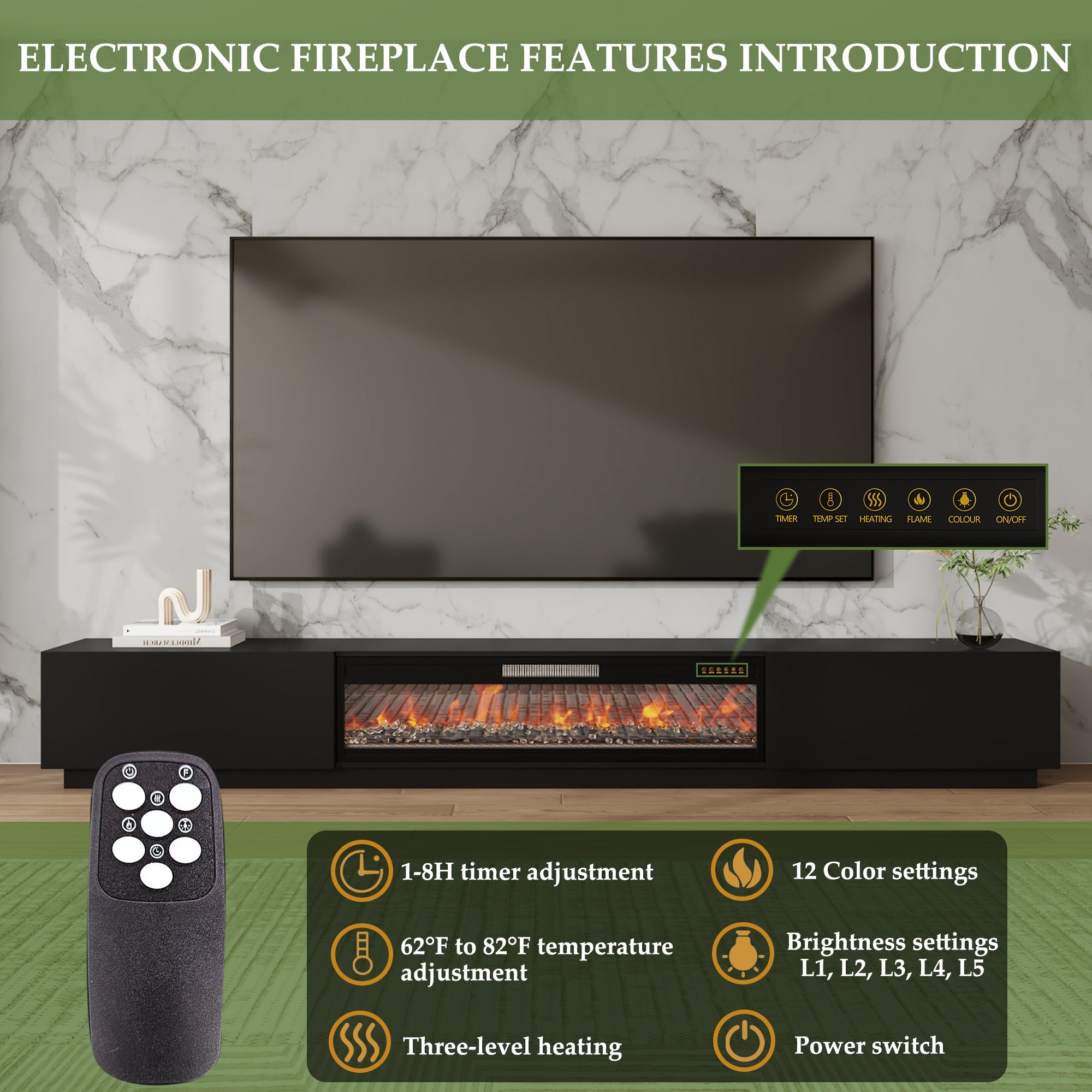 109'' W 2-Drawer TV Stand Media Console With Electric Fireplace Heater