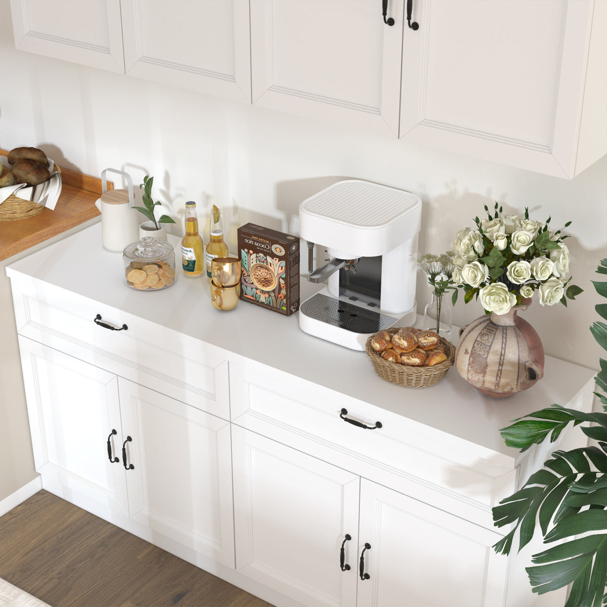 63" Modern White Kitchen Pantry Cabinet with 8 Doors, 2 Drawers & Large Central Worktop
