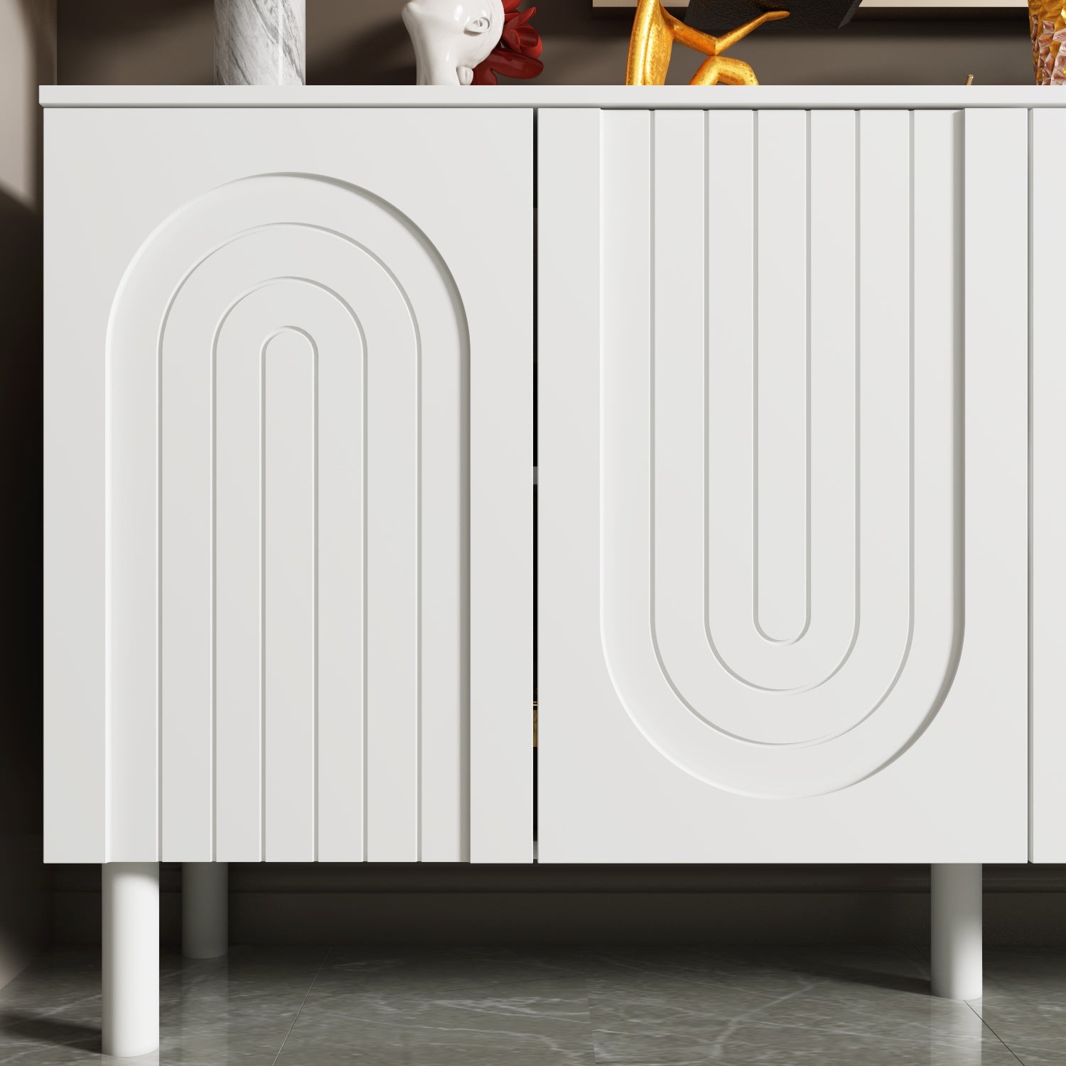 Sideboard Buffet Table Console Table in White Finish 4 U-Shaped Doors