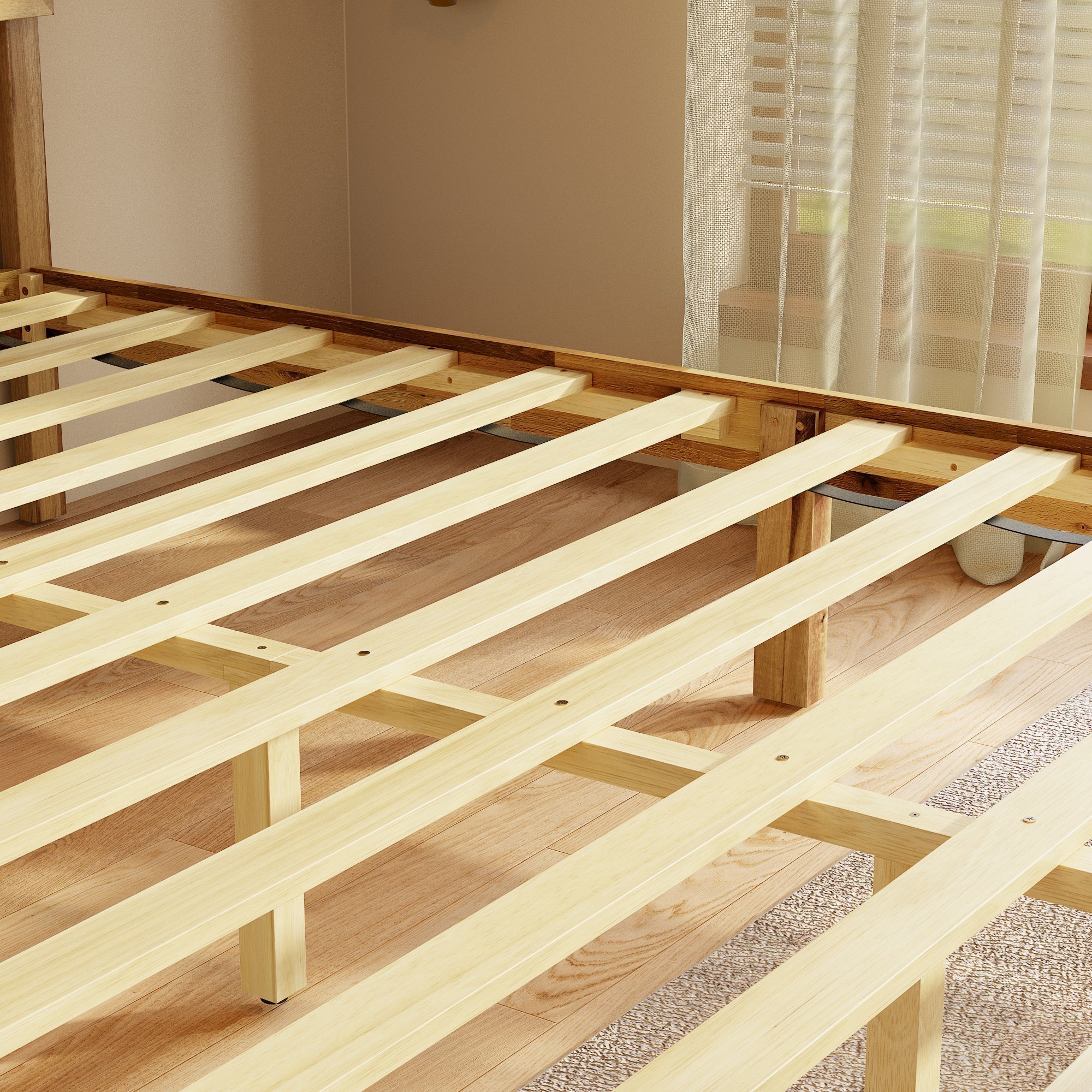 Rustic Solid Acacia Wood Platform Bed Frame With Upholstered Headboard, No Box Spring Needed