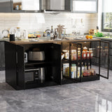 77.6 inches Modern Elegant Black Kitchen Island With Glass Door 3 Drawer Light Double Side