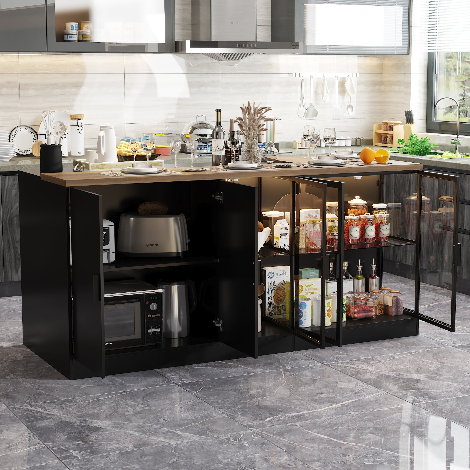 77.6"W Kitchen Island With Glass Door 3 Drawer Light Double Side