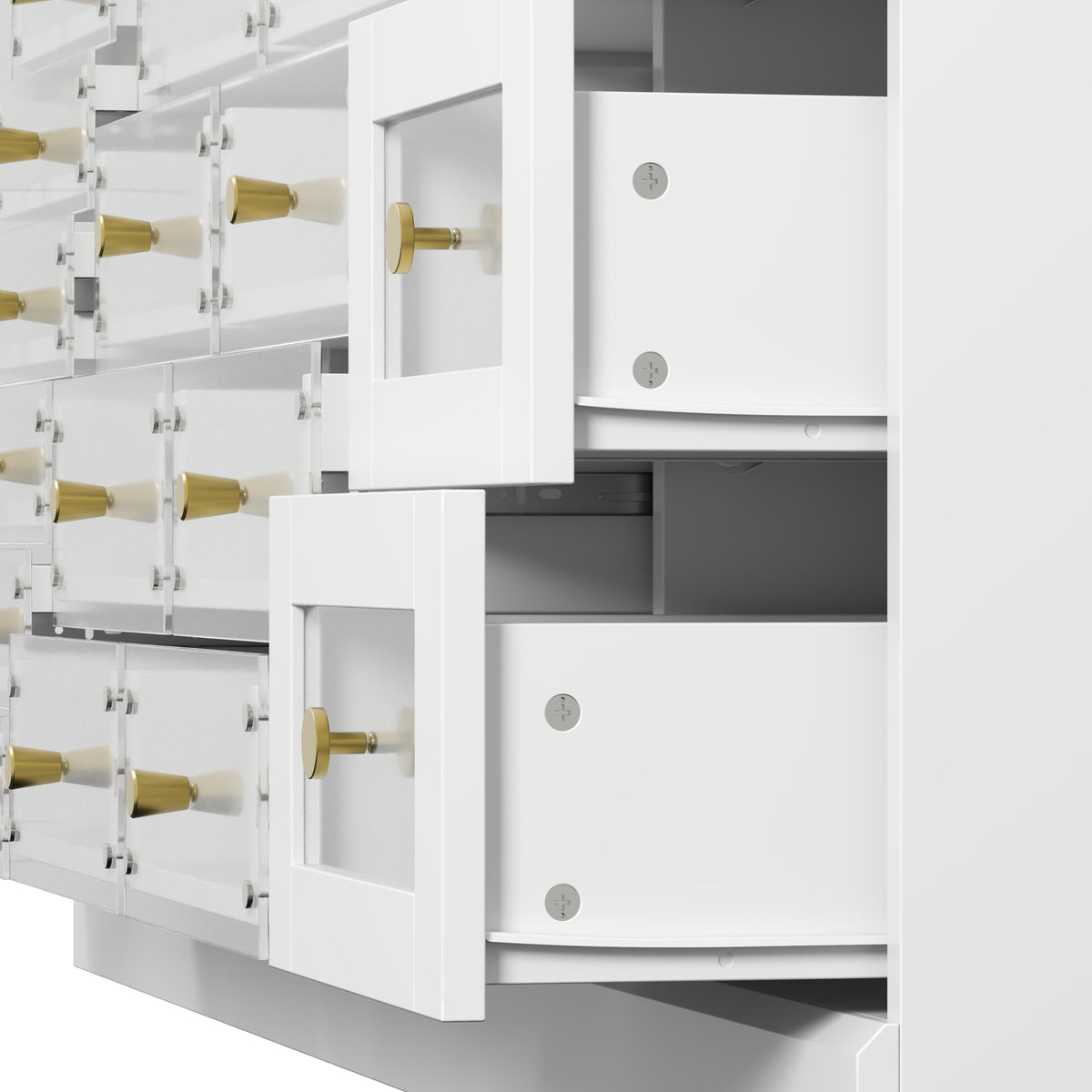 59" Modern White 25-Drawer Dresser with Glossy Acrylic Fronts, 2 Storage Cabinets and Anti-Tip Design