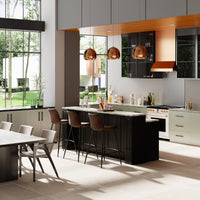 Modern kitchen with island, bar stools, and large windows