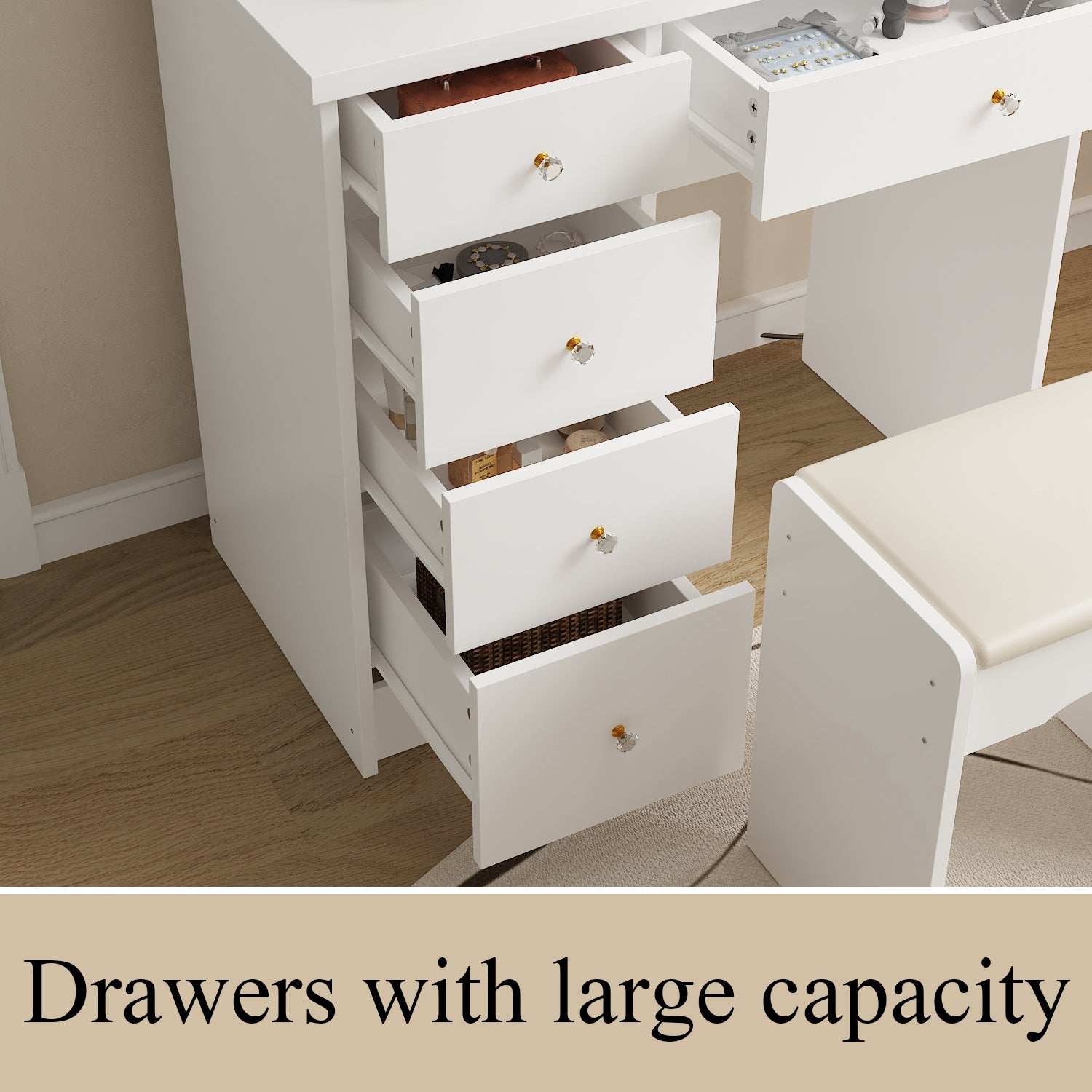 Modern Vanity Desk With Mirror, 5 Drawers, Shelves And Matching Stool, Makeup Dressing Table