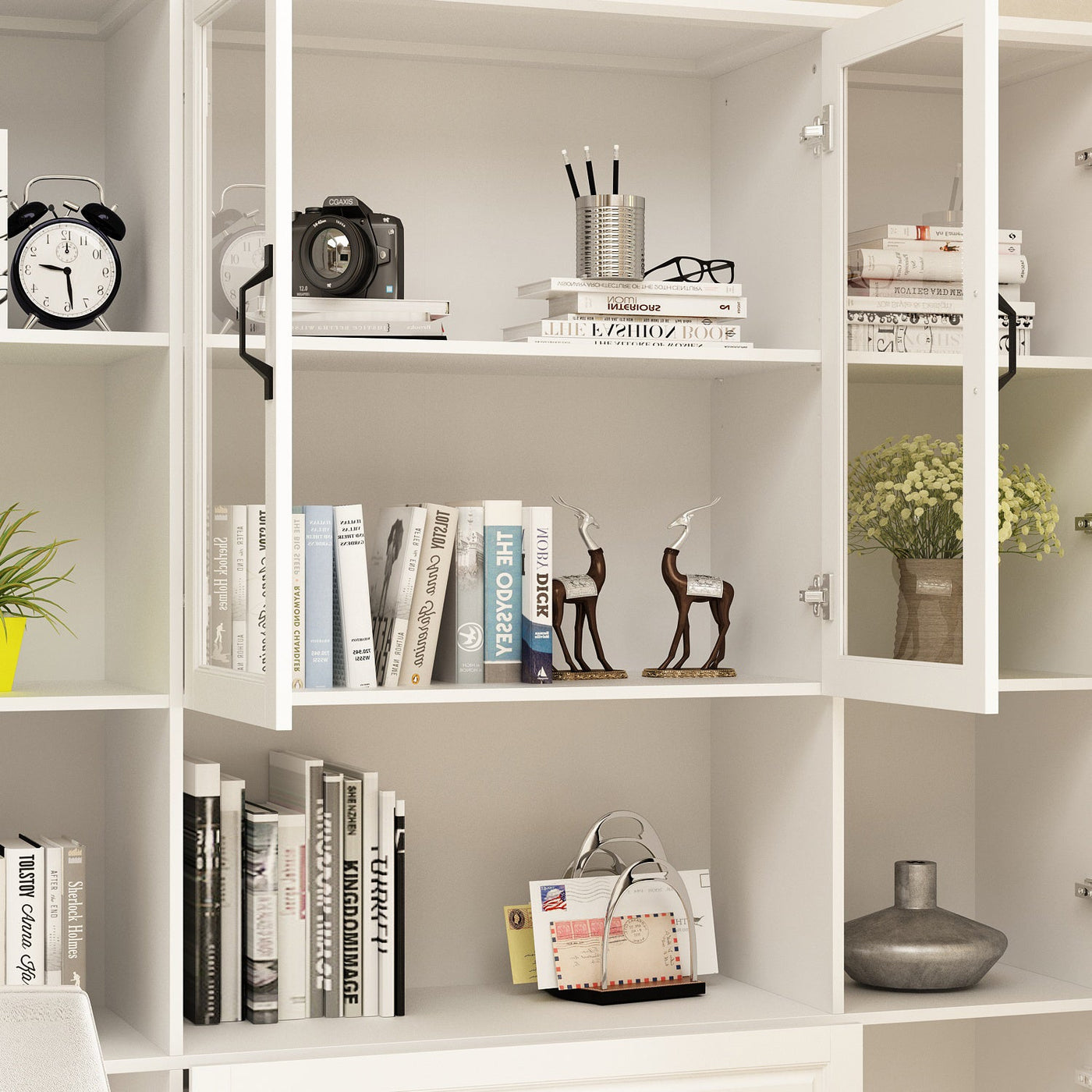 Vila 63" White Display Cabinet & Bookcase with Open Shelf and 3 Drawers