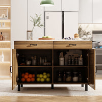47.2" Modern Brown Wood Kitchen Island with Marble Veneer Countertop and Storage