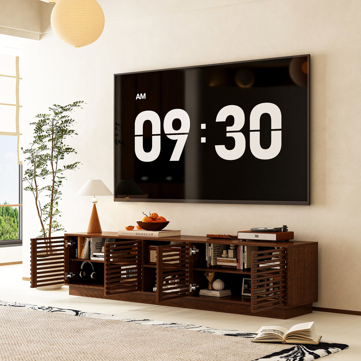 78.7" Mid-Century Walnut TV Stand With Slatted Doors, Open Shelves, And Cable Management
