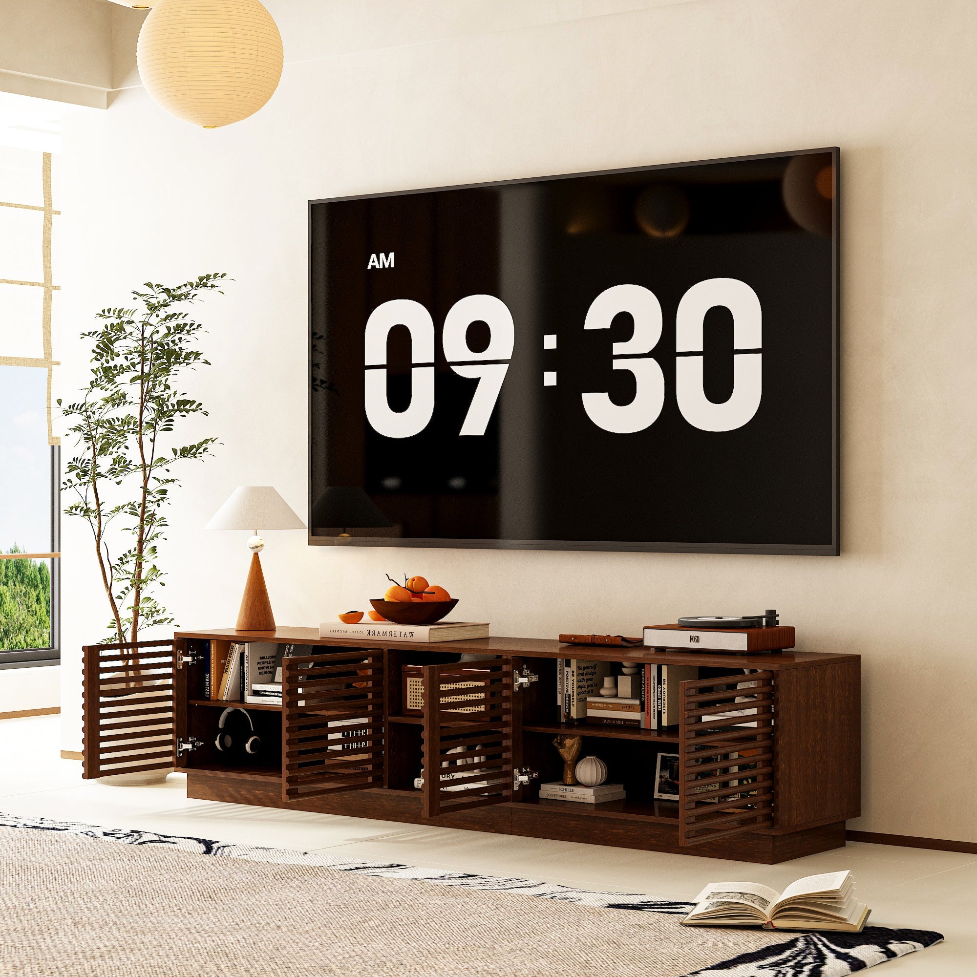 Mid-Century Modern TV Stand With Slatted Doors, Open Shelves, And Cable Management