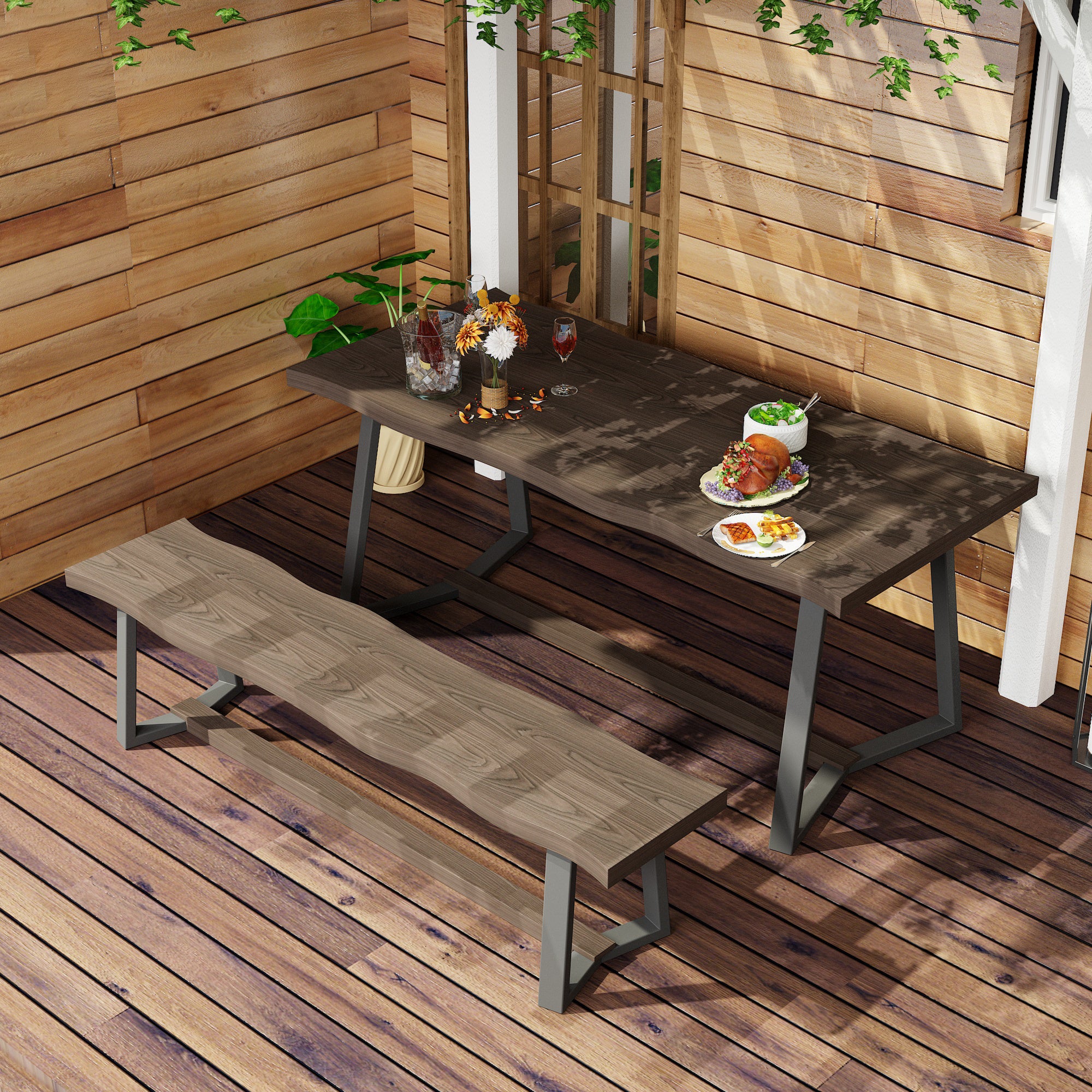 Wood Patio Dining Set with Bench