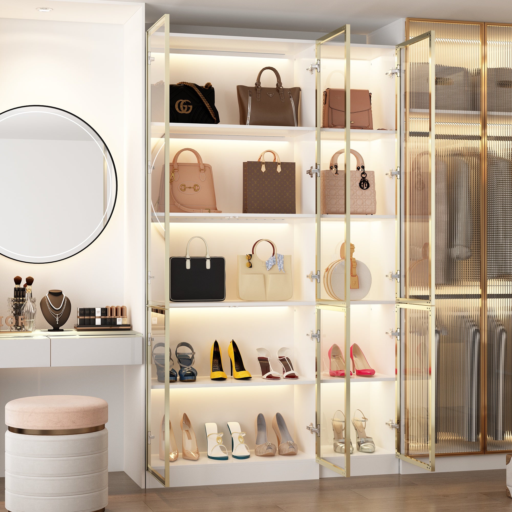 78.7'' H x 63'' W Bookcase with Glass Doors & 3-Color Changing Lights