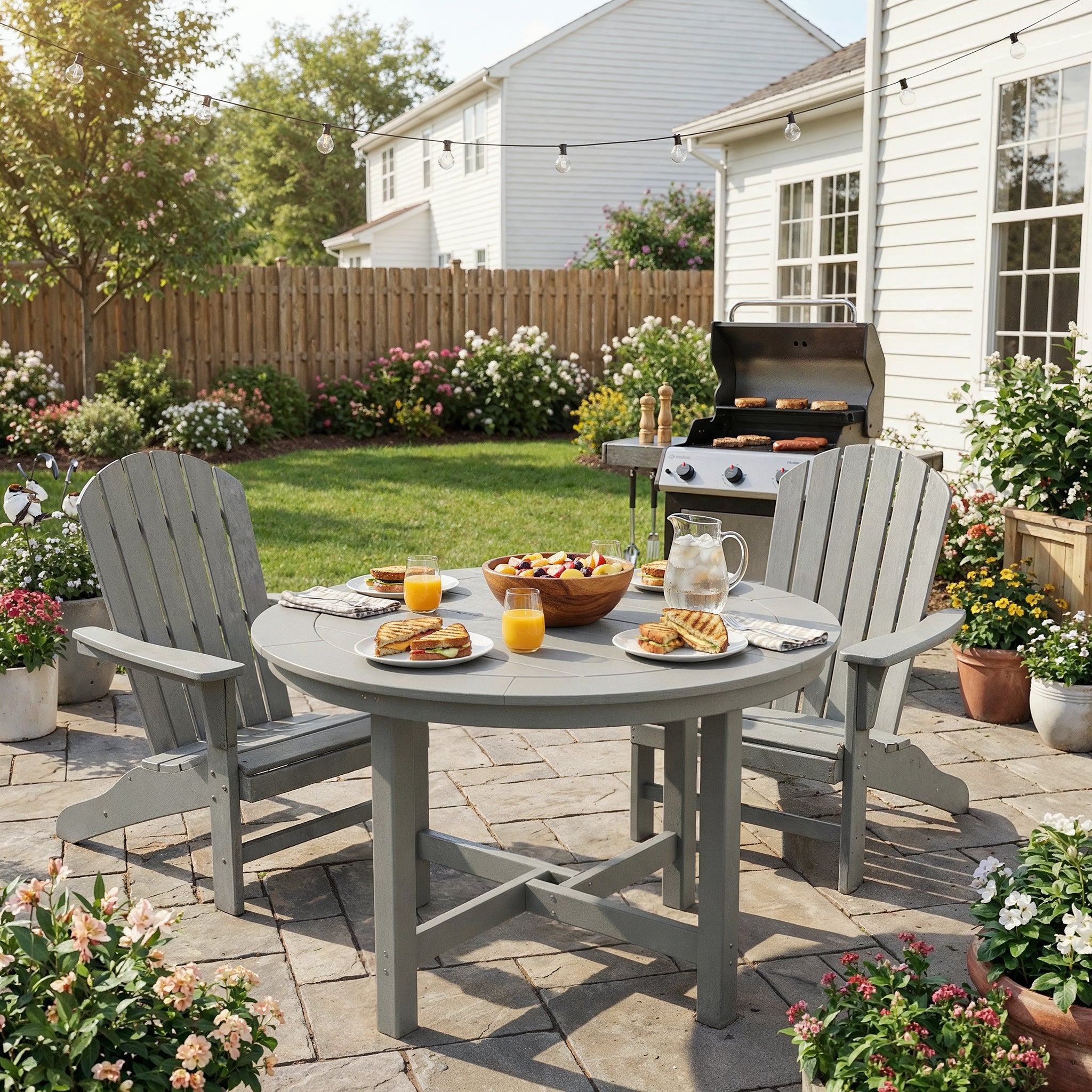 Outdoor patio setting with a round table and chairs, surrounded by a garden and house.