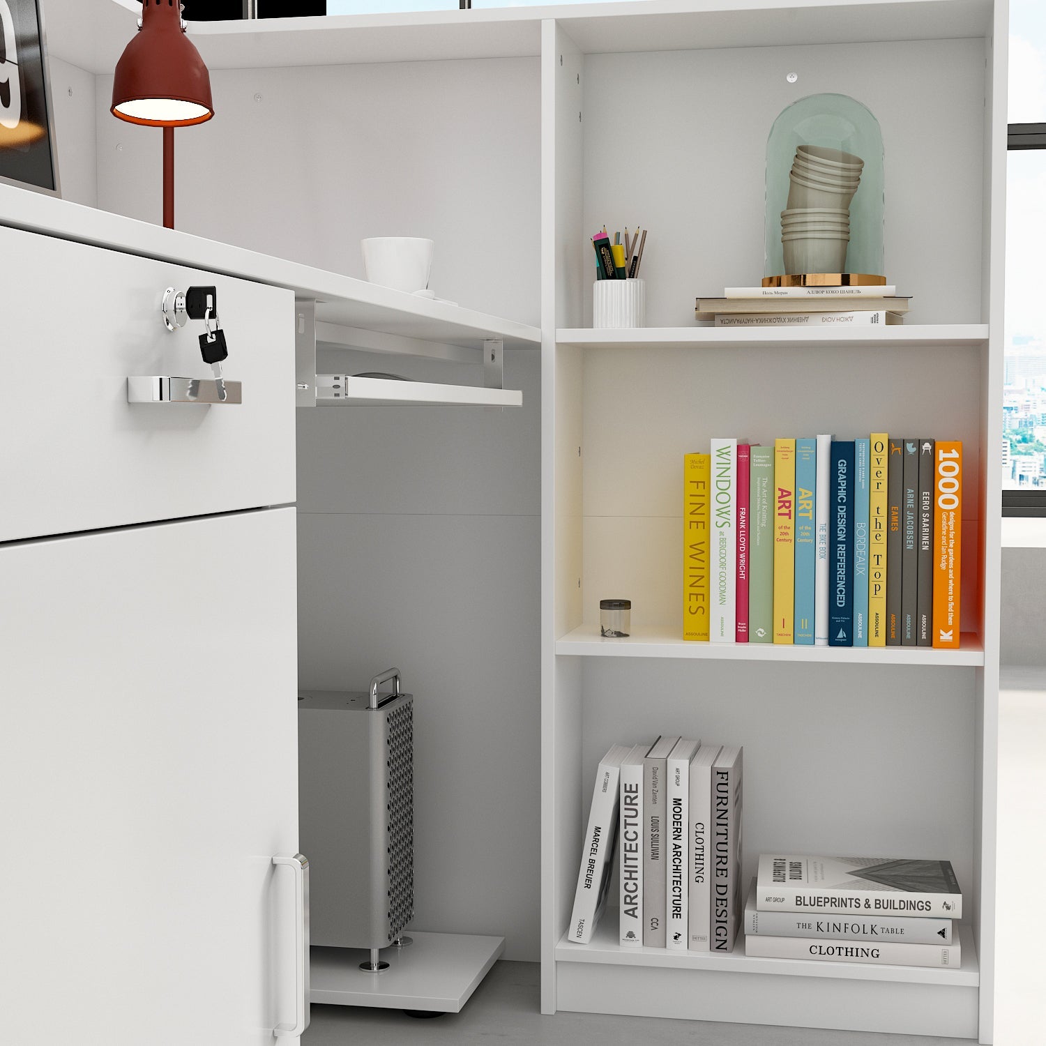 Reception Desk Front Counter Desk with Lockable Drawer & Bookshelf