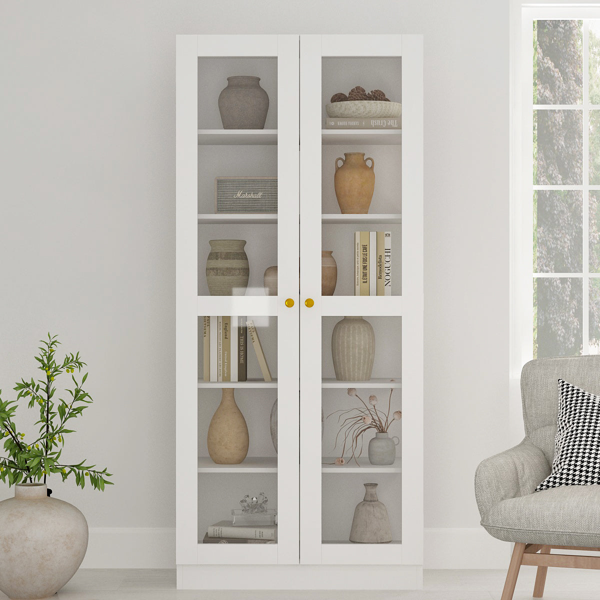 31.5" Modern Minimalist White Lacquer Bookcase with Glass Doors