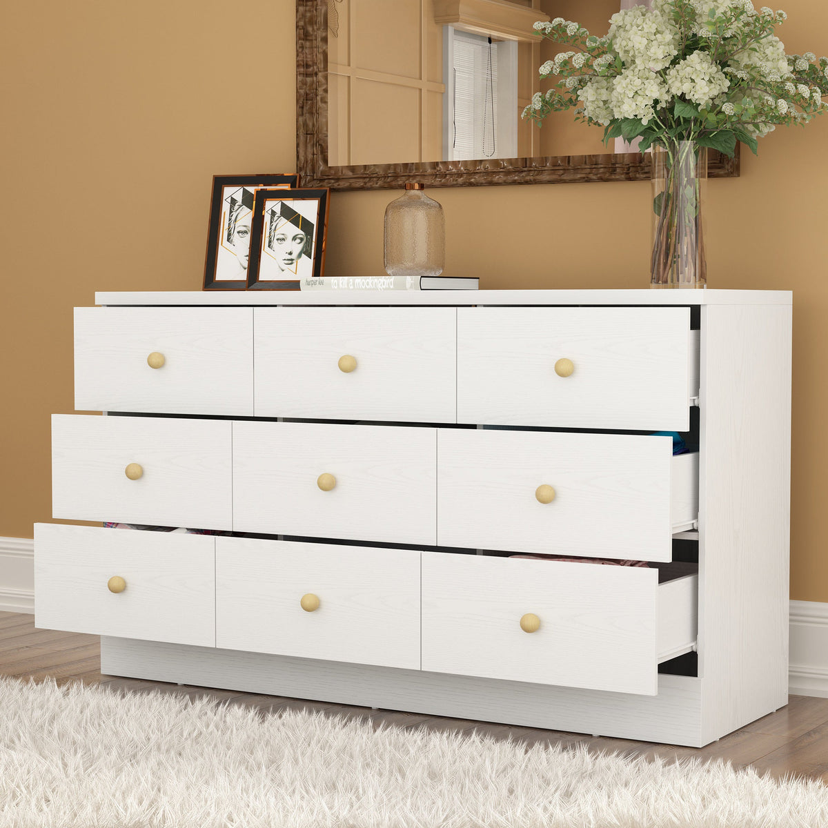 47.2" Modern White Dresser With 9 Pull-out Drawers