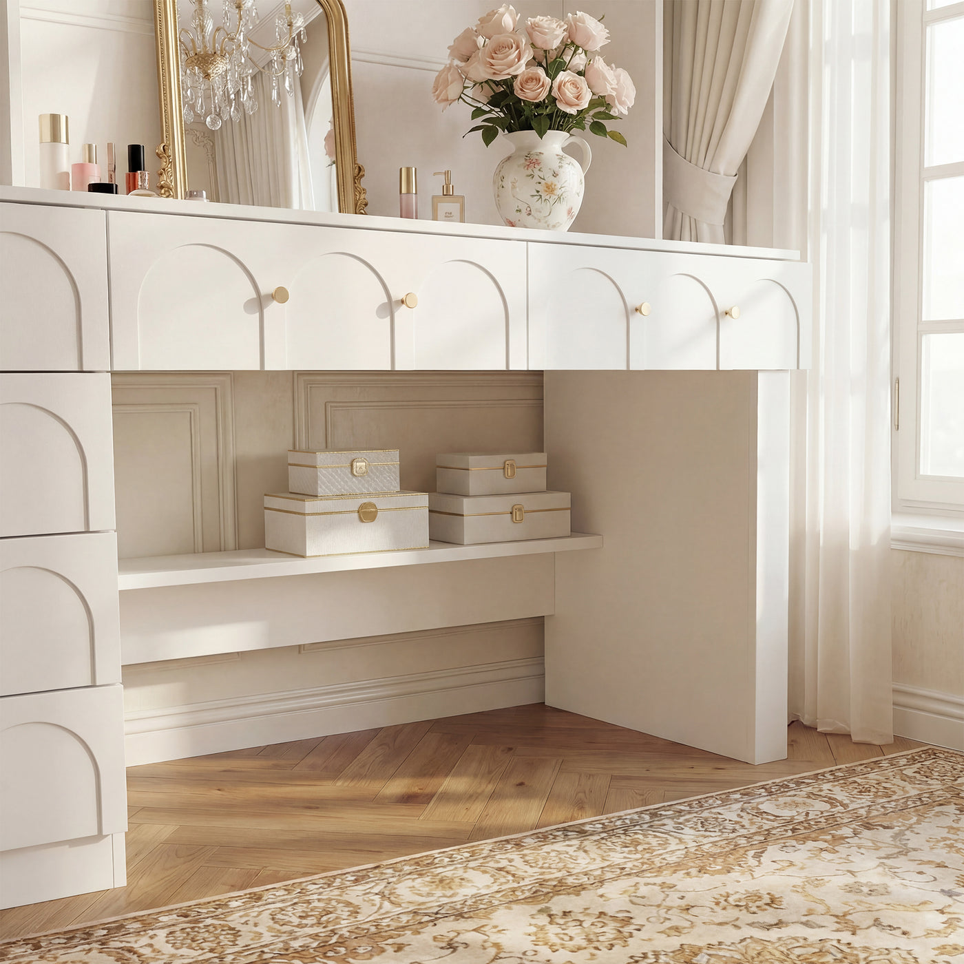 63" Modern White Versatile Vanity Desk with Massive Storage and Arched Glass Doors